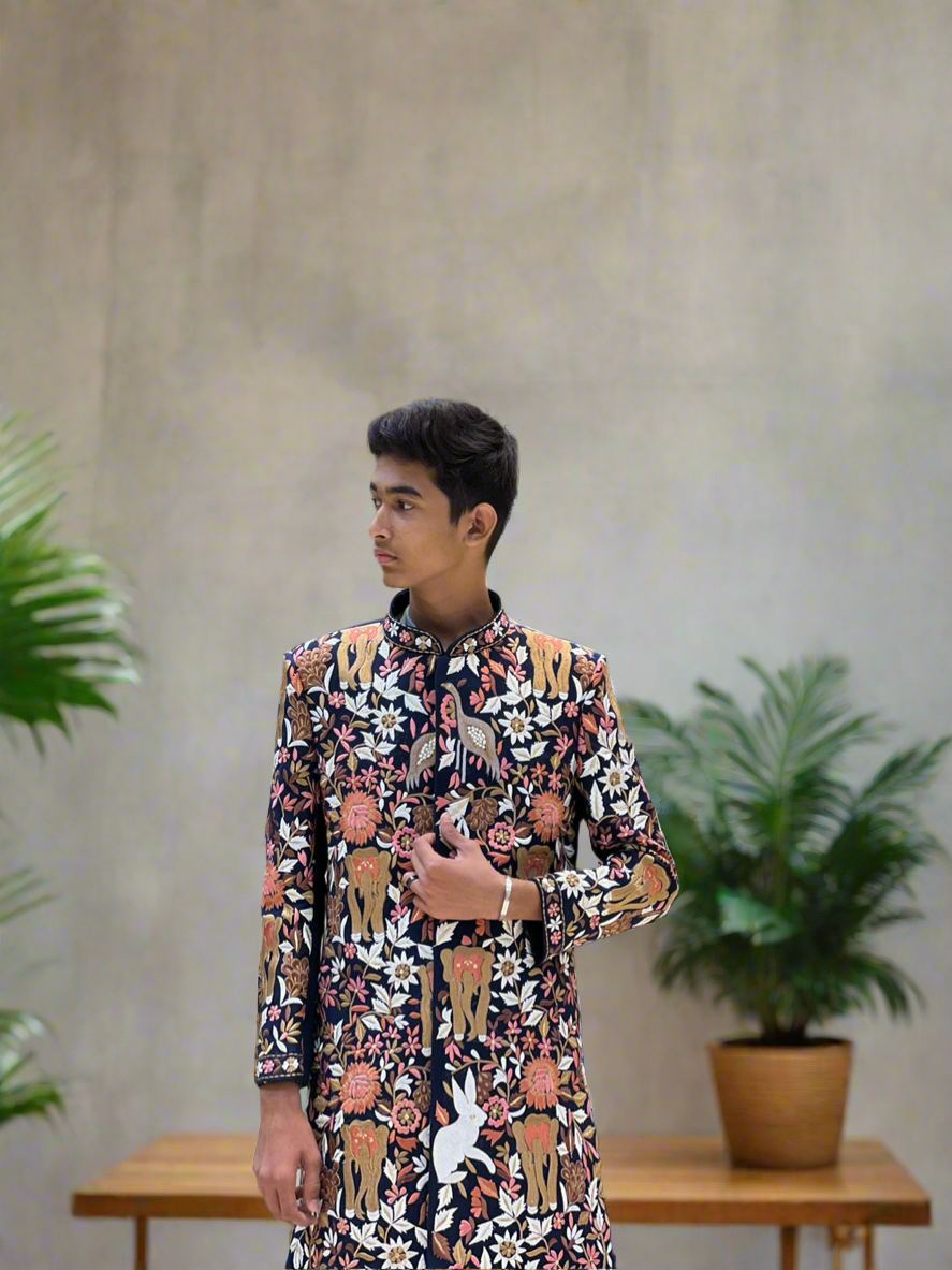 Side view highlighting the modern and traditional fusion of the Indo-western outfit.