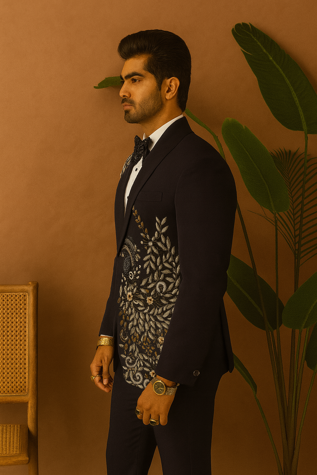 “Side view of Men’s Exclusive Embellished Tuxedo Suit premium Japanese fabric”