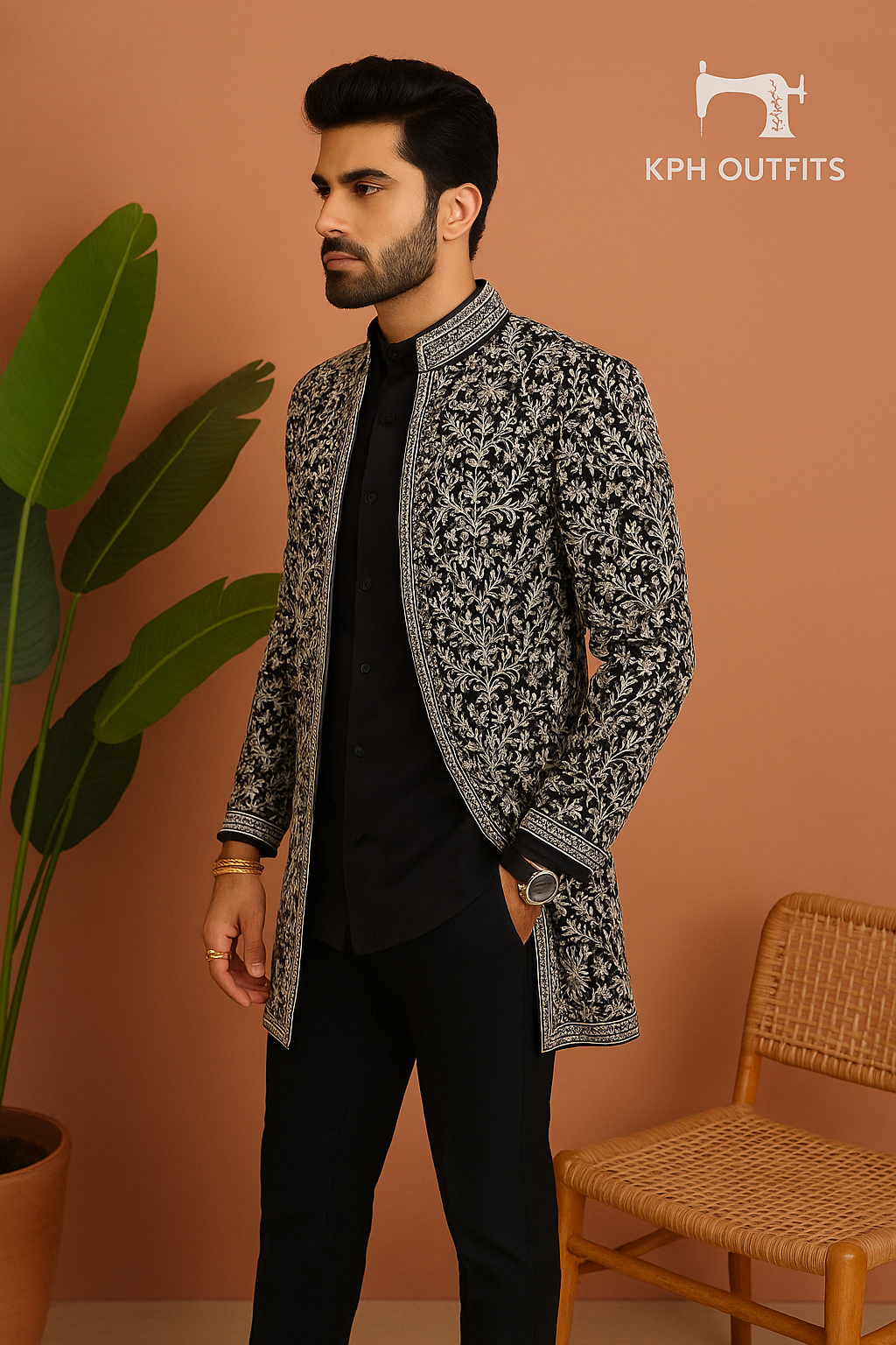 Side view of designer Jodhpuri set with zari detailing