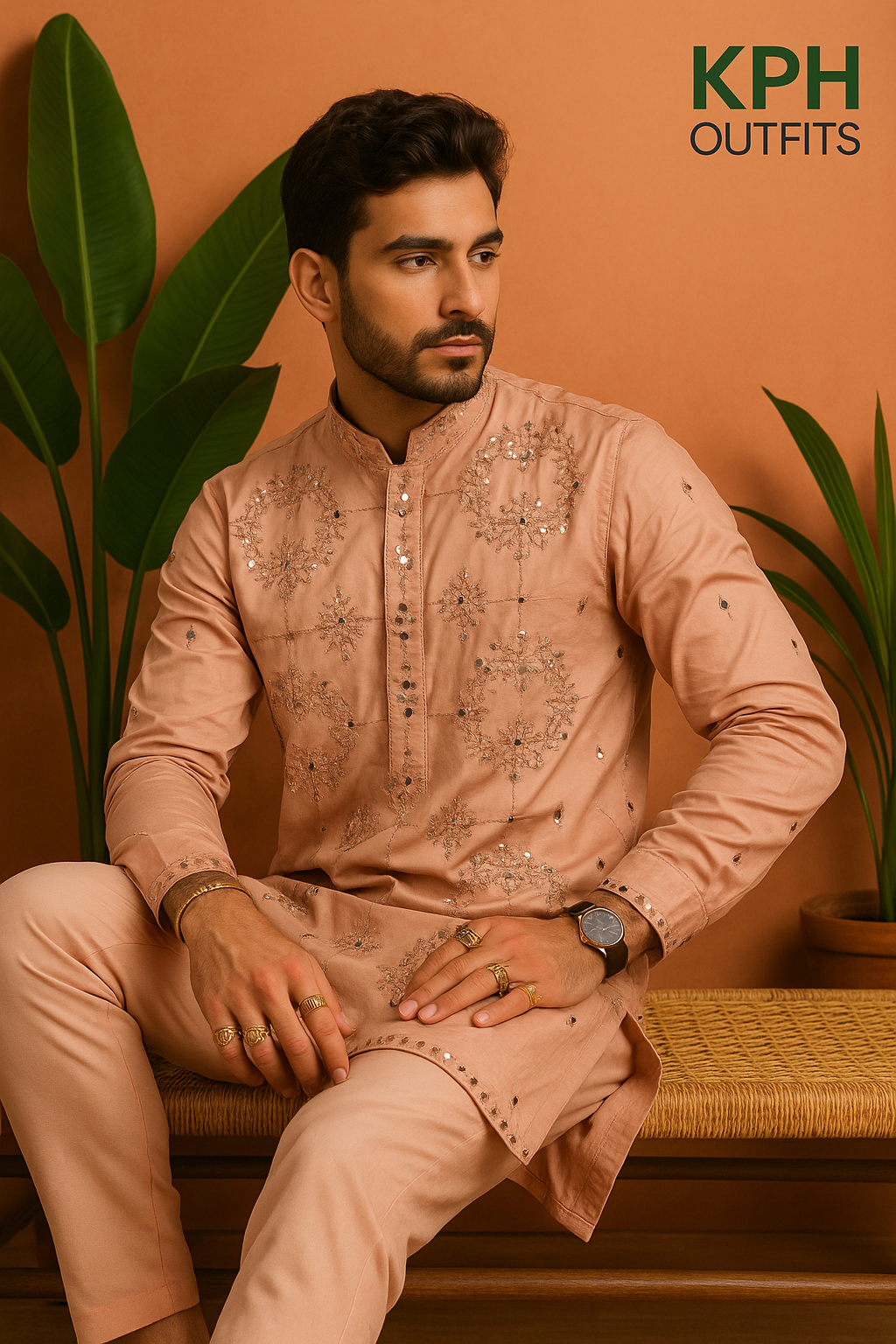 Side view of designer peach wedding kurta for groom