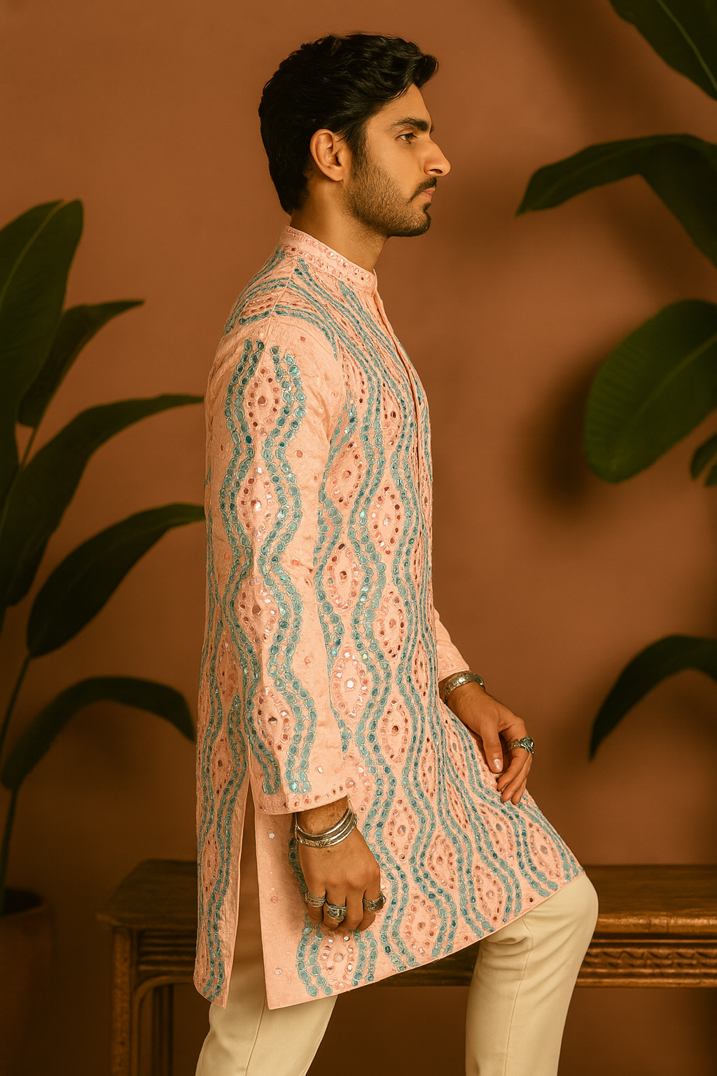 Side view of designer raw silk kurta with real mirror embellishments