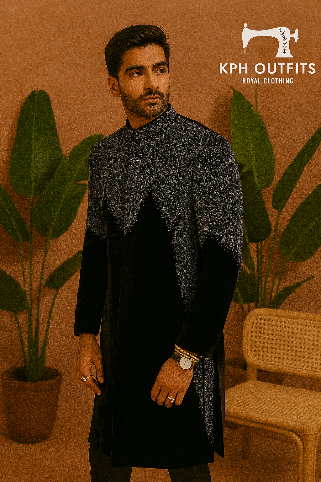 Side view of groom outfit in black velvet sherwani