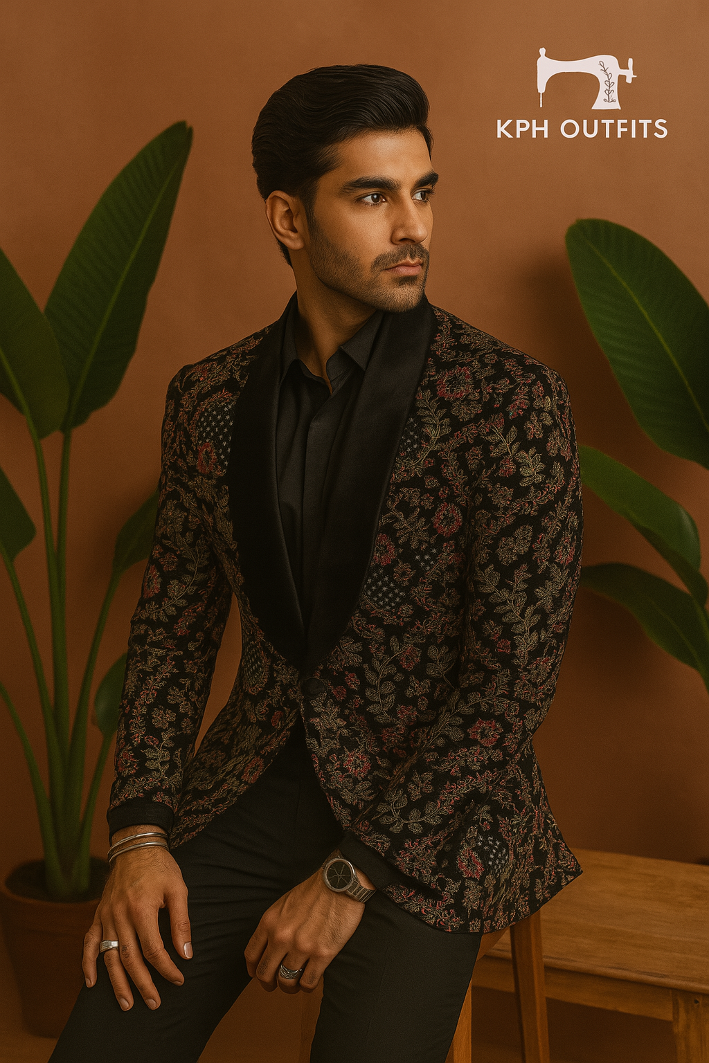 Side view of luxury velvet tuxedo suit with embellishments