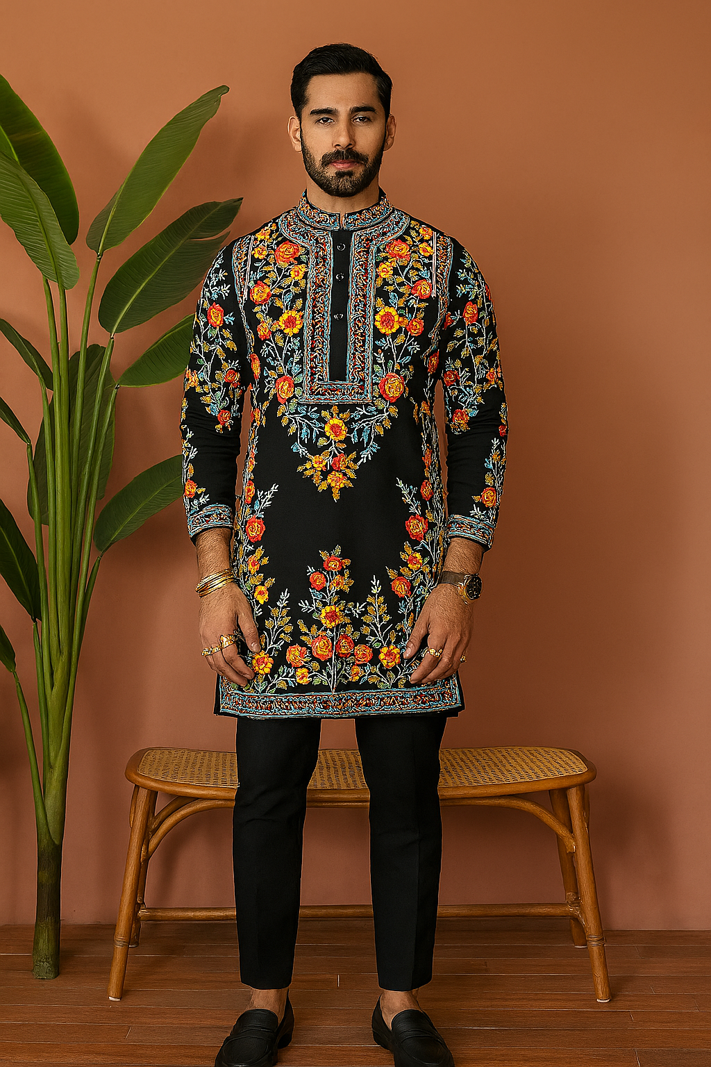 Side view of multi-colour floral designer kurta set for festive wear