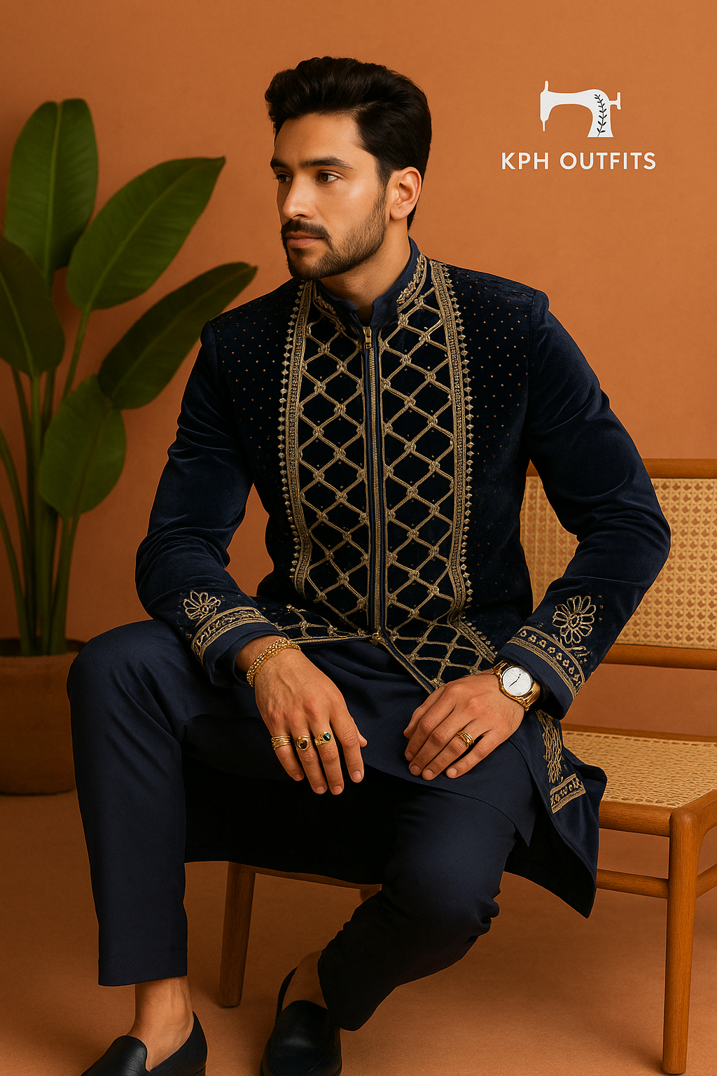Sitting pose in Navy Blue & Gold Embroidered Micro Velvet Jodhpuri Set