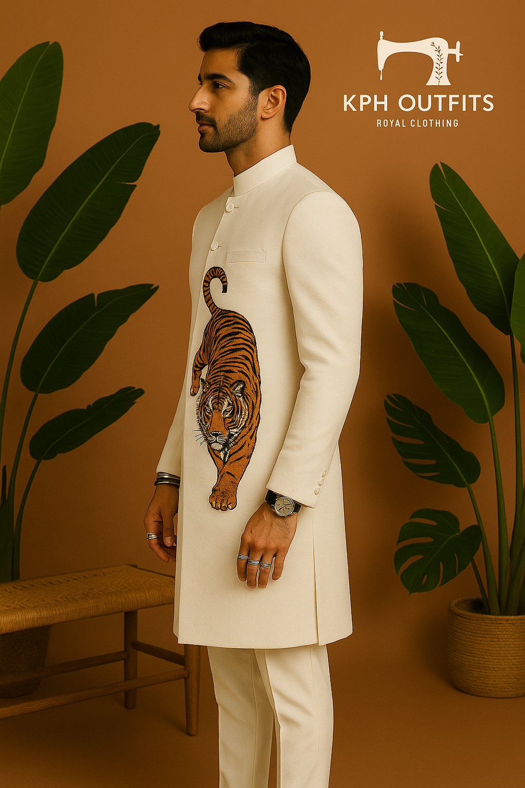 Sitting pose in elegant white sherwani with tiger embroidery