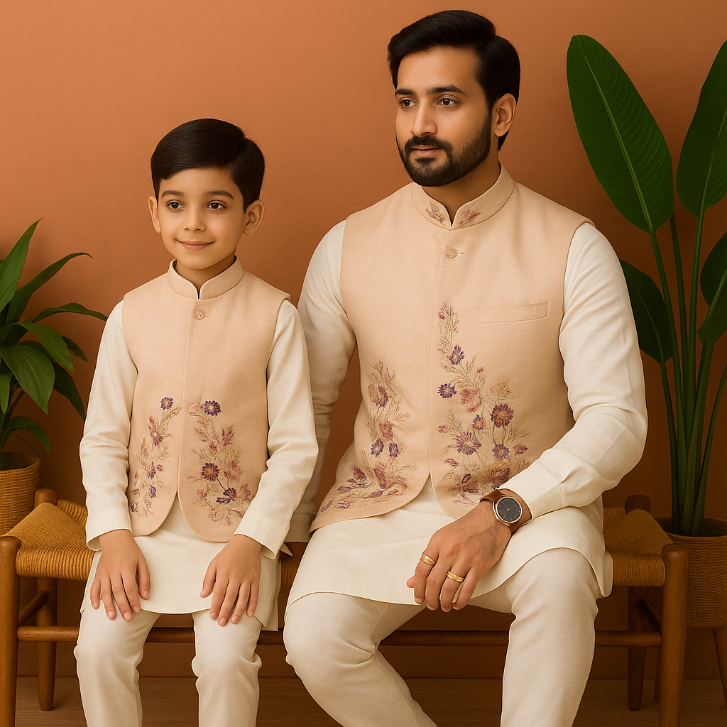Sitting pose of Father & Son in Coordinated Embroidered Waistcoat Kurta Set