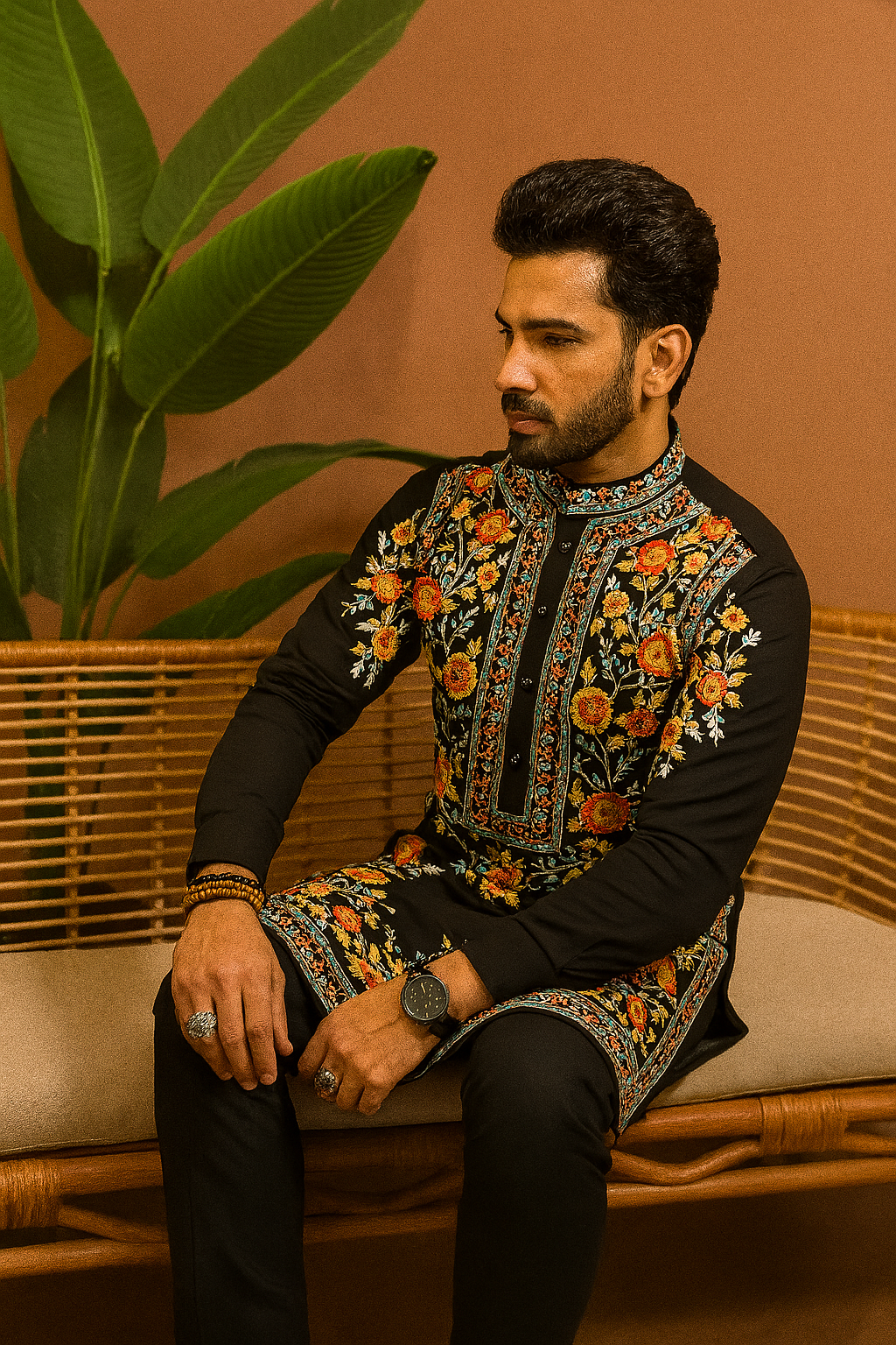 Sitting pose showcasing designer floral embellished kurta for men