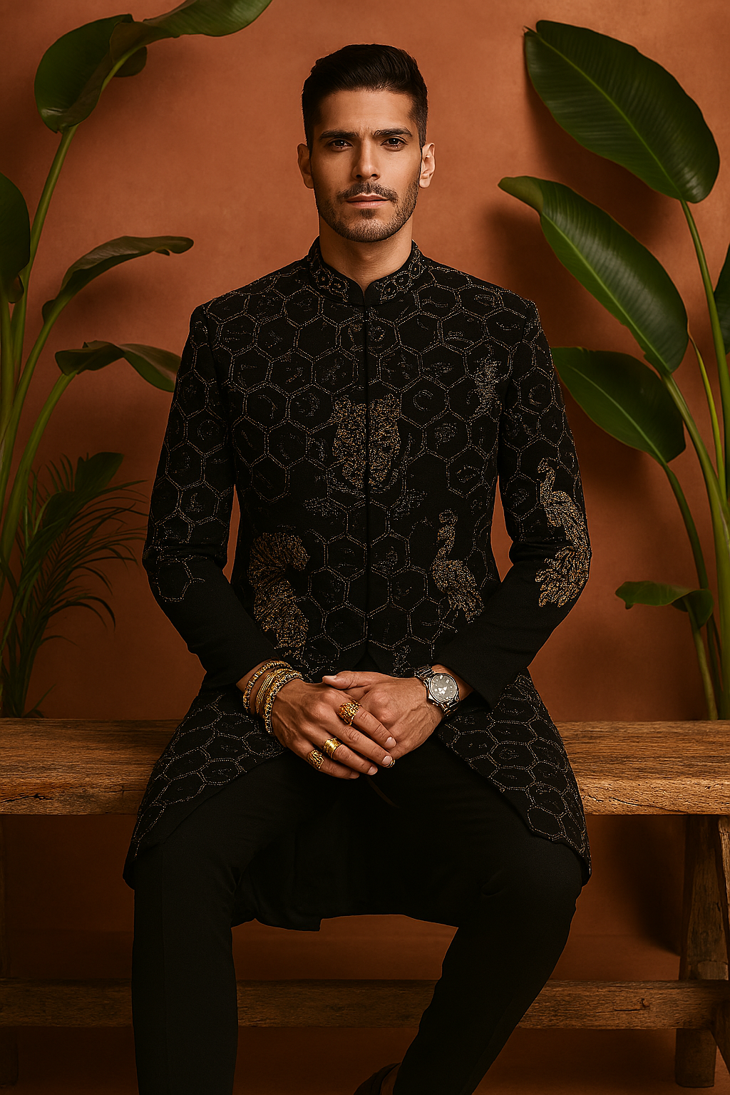 Sitting pose wearing Black Armani Japanese Sherwani