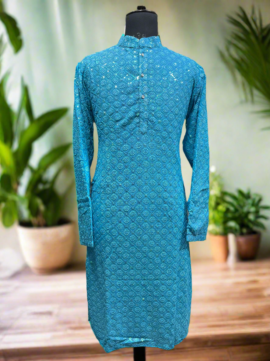 Sky blue sequence kurta set for men with zipper pants.