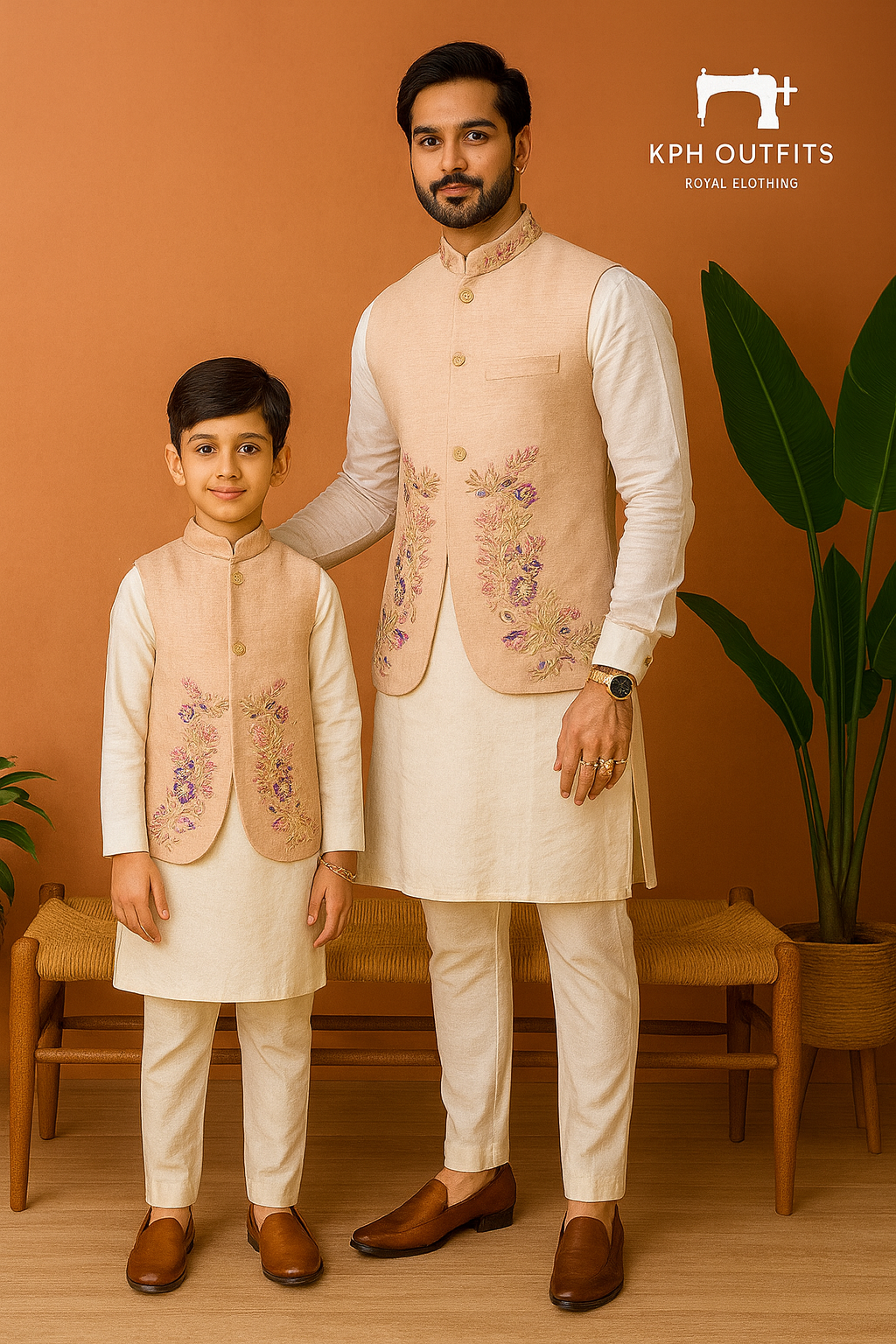 Standing father-son duo in coordinated kurta pant and embellished waistcoat