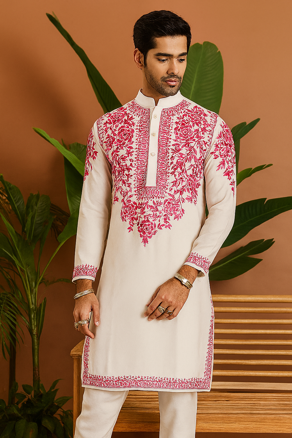 Standing pose showcasing white & pink embellished kurta set for parties