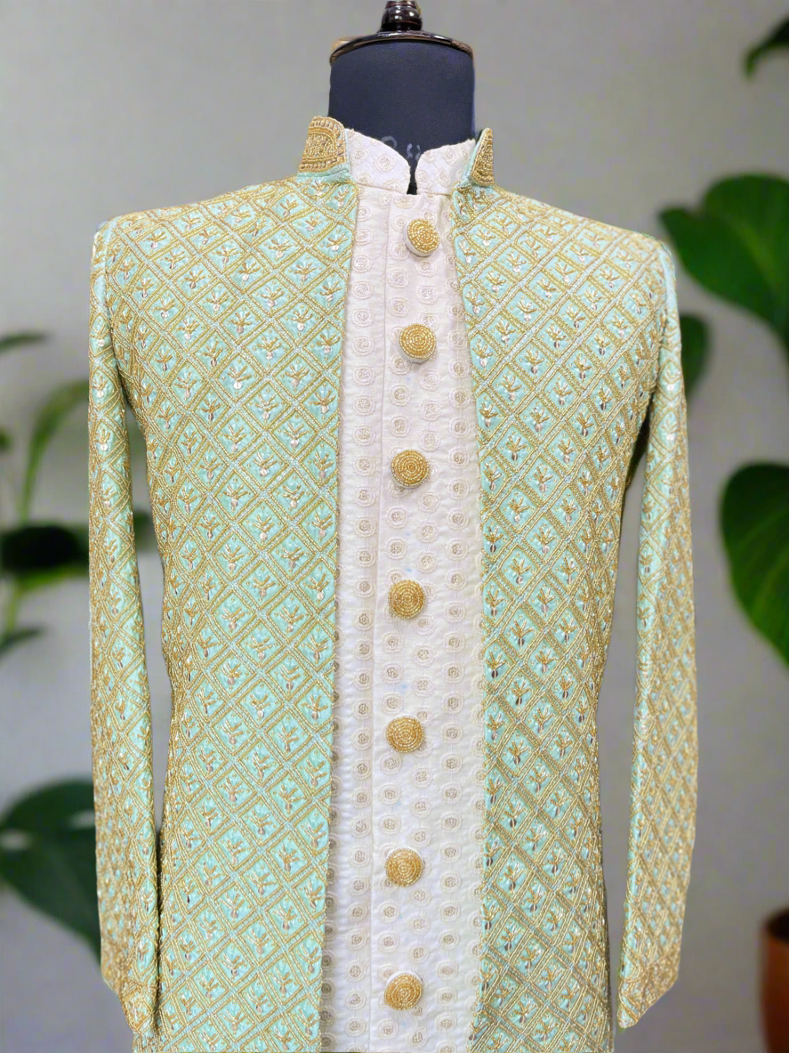 Stylish Men's Golden Work Sherwani Outfit
