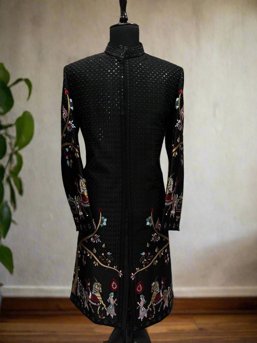 Stylish black sherwani with rath thread pattern and zipper-style pants