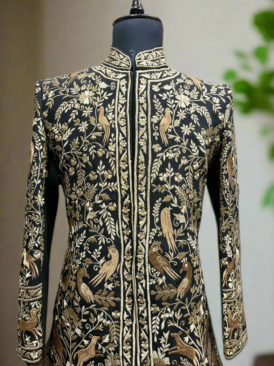 Stylish wool sherwani with hidden button detailing