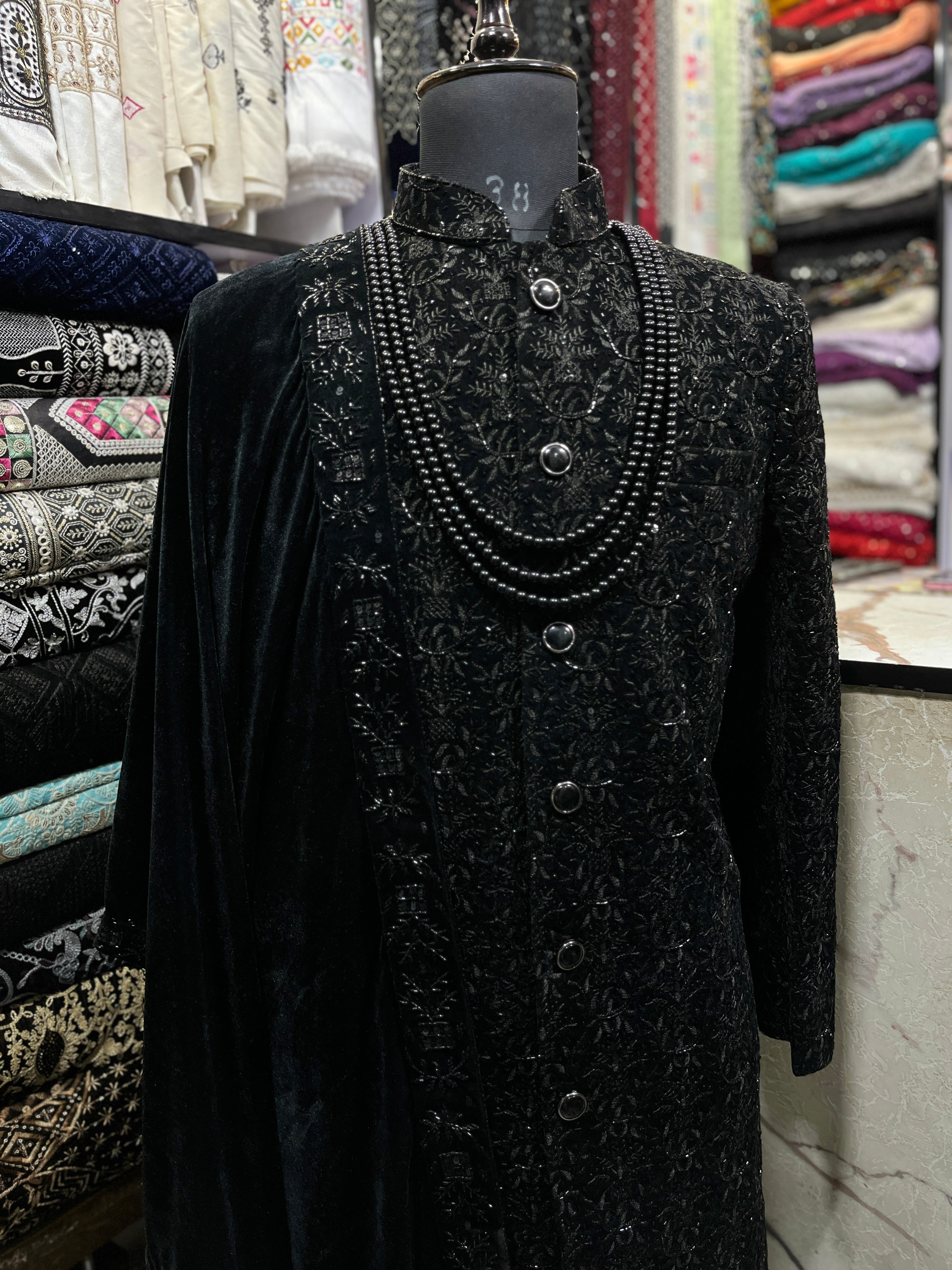 Traditional Black Sherwani Set for Men with Intricate Craftsmanship