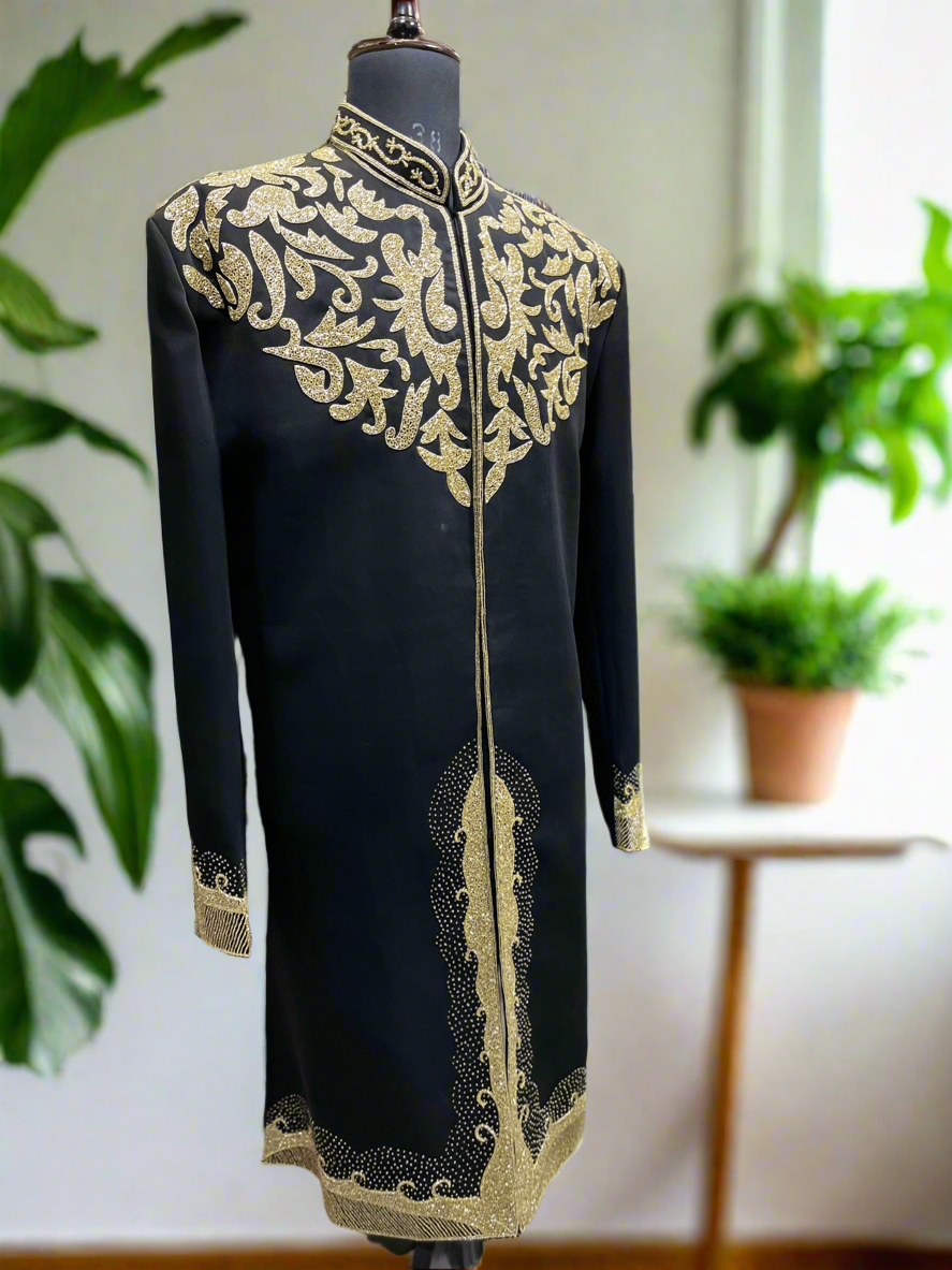 Traditional Men's Black Sherwani with Artistic Cut Work by KPH Outfits