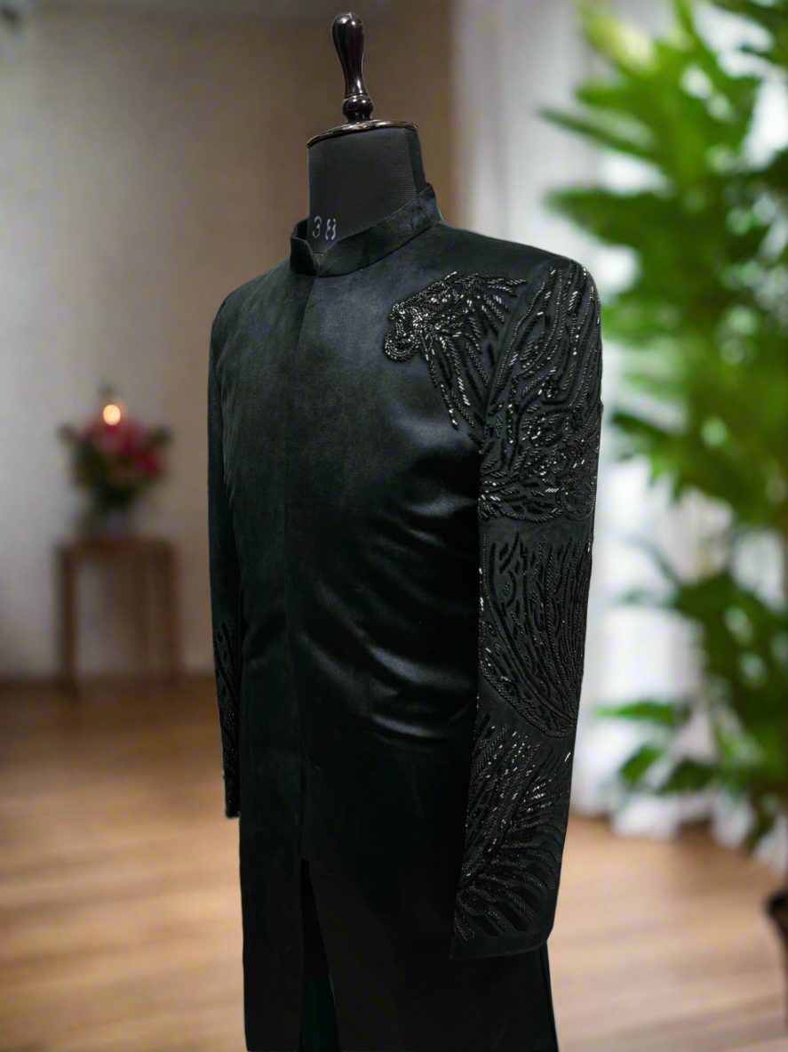 Traditional Sherwani with Gold Detailing – Side View.
