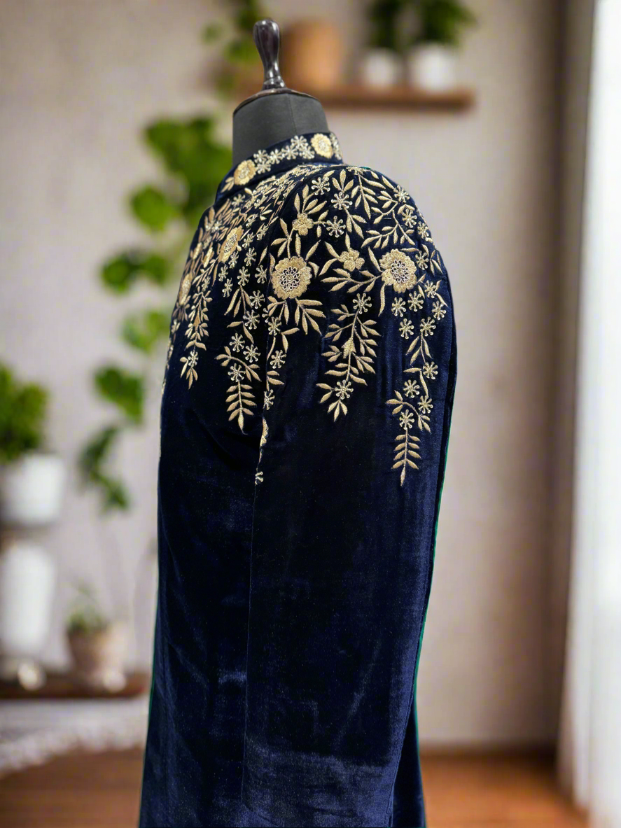 Traditional Velvet Sherwani with Dupatta and Churidar