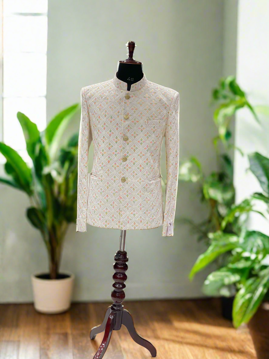 Traditional ivory Jodhpuri set with handcrafted details