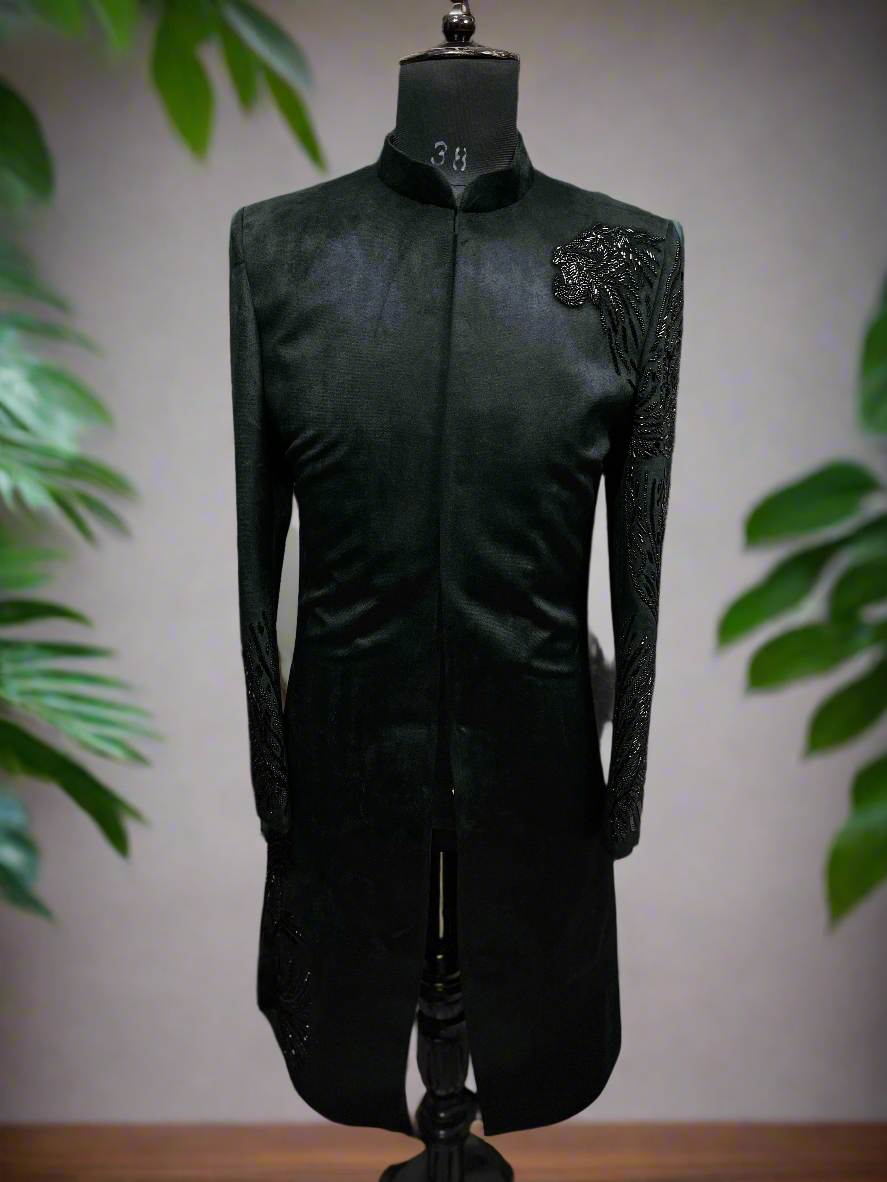 Men's Black Velvet Handcrafted Cut Work Sherwani Set