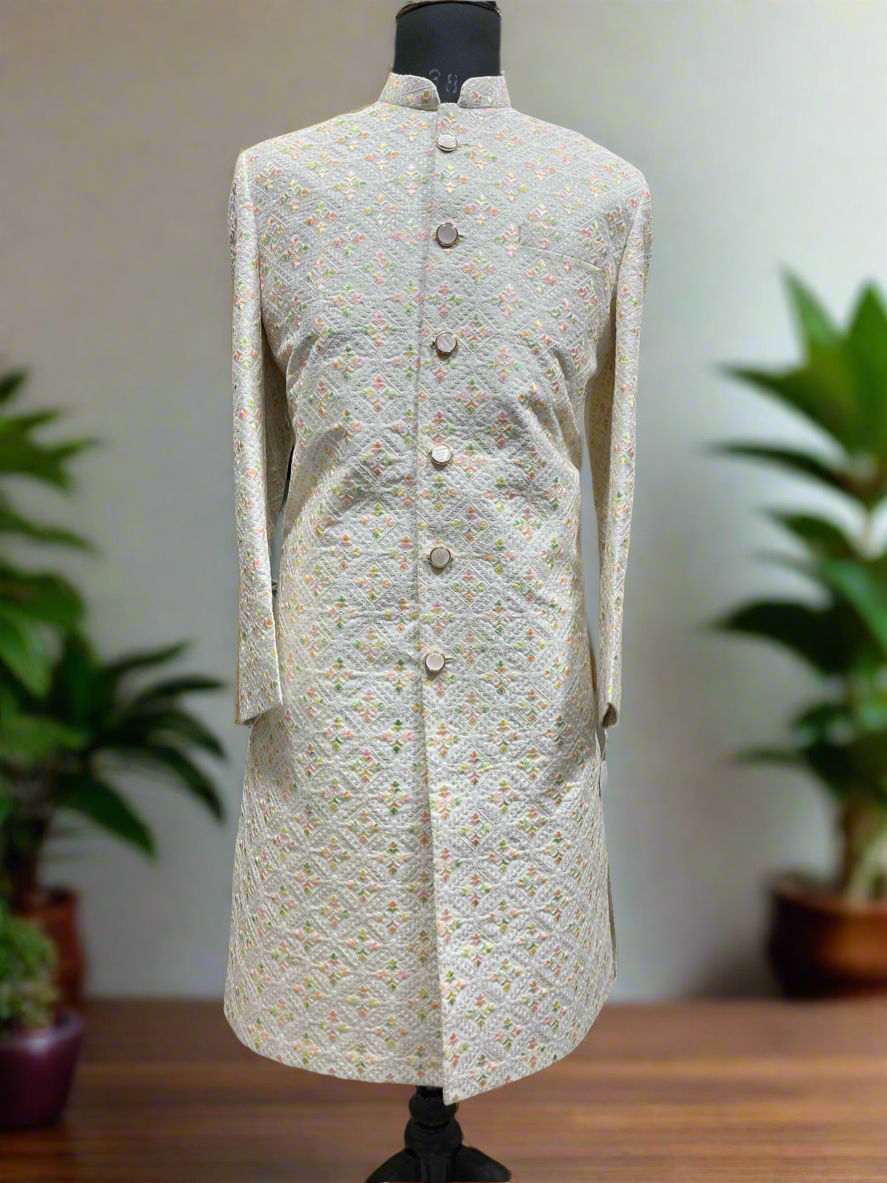 Wedding sherwani with intricate threadwork by KPH Outfits
