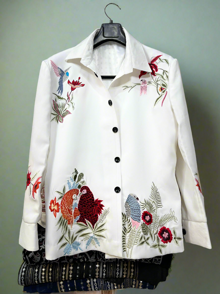 White Shacket Set with Multi-Colour Bird Embroidery