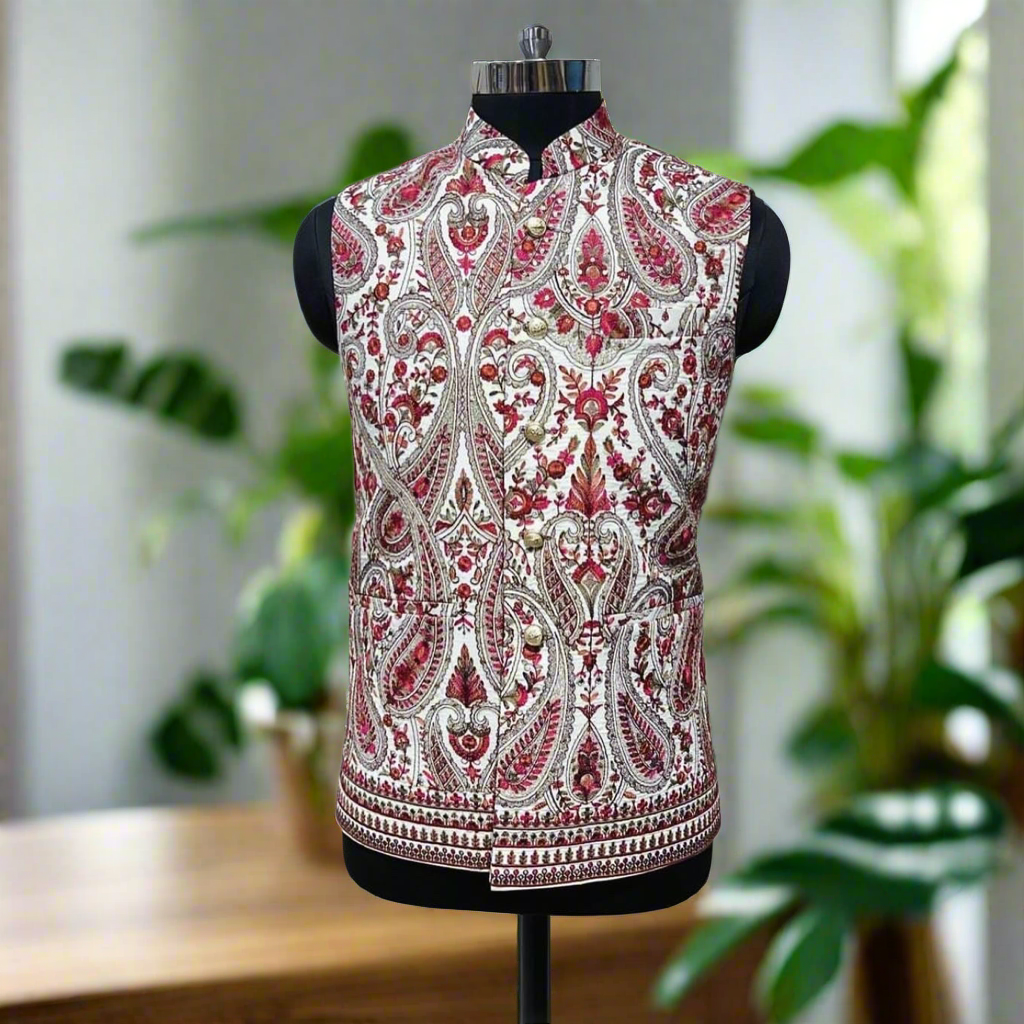 White men's Nehru jacket with Kalamkari embroidery design