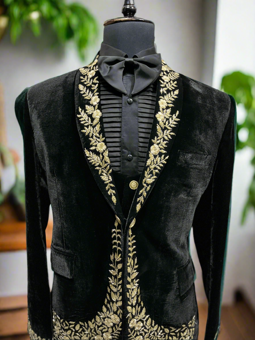 Zardozi-embellished black formal attire
