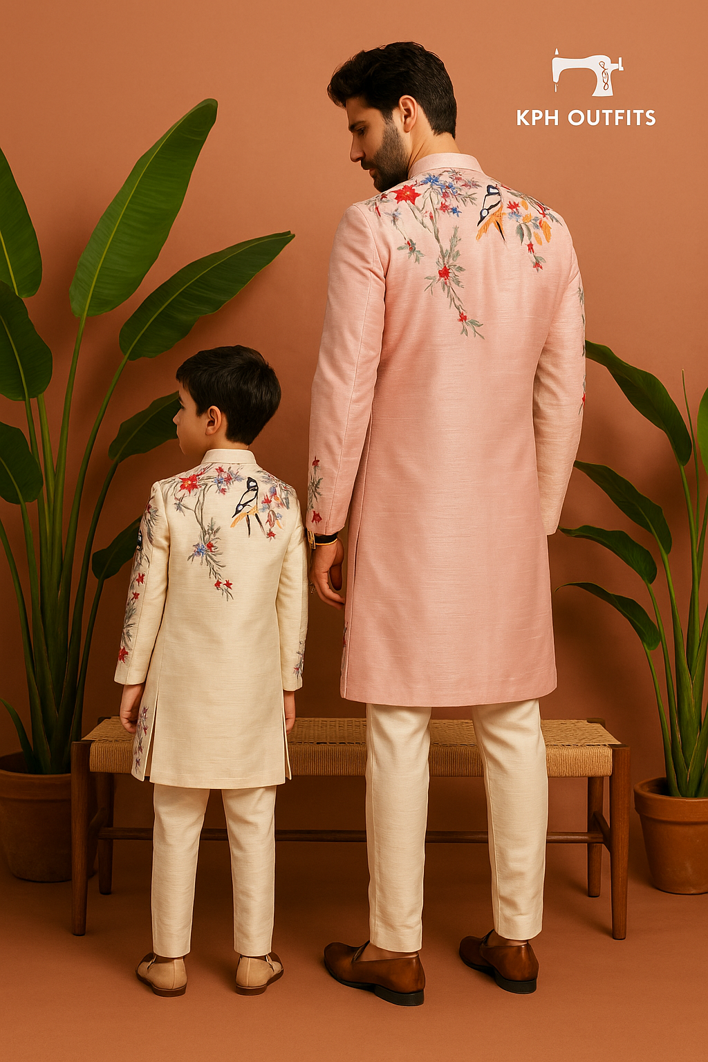 and the son is on the right wearing a cream-colored sherwani.