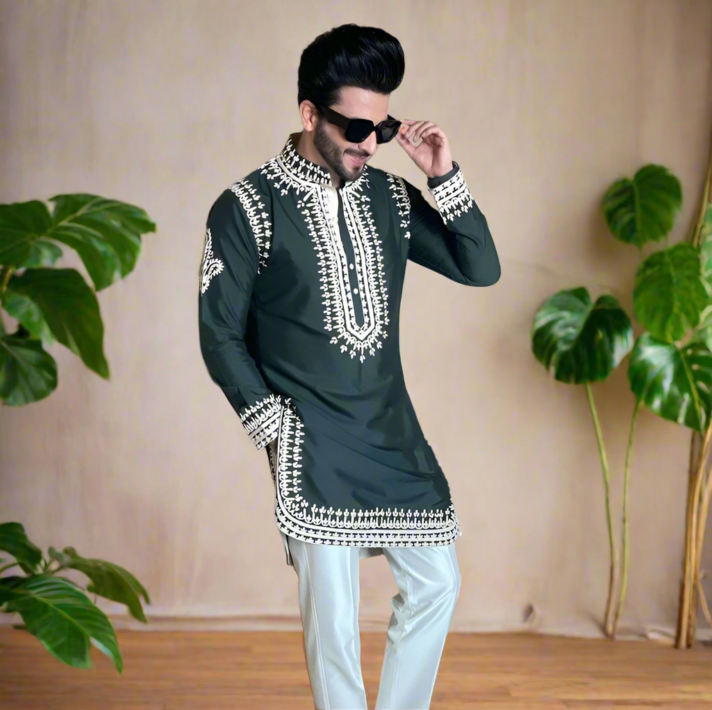 Full set: Green embroidered kurta and zipper-style pants.