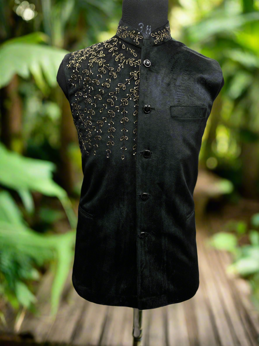 Men's Black Handcrafted Golden Cut Work nehru jacket