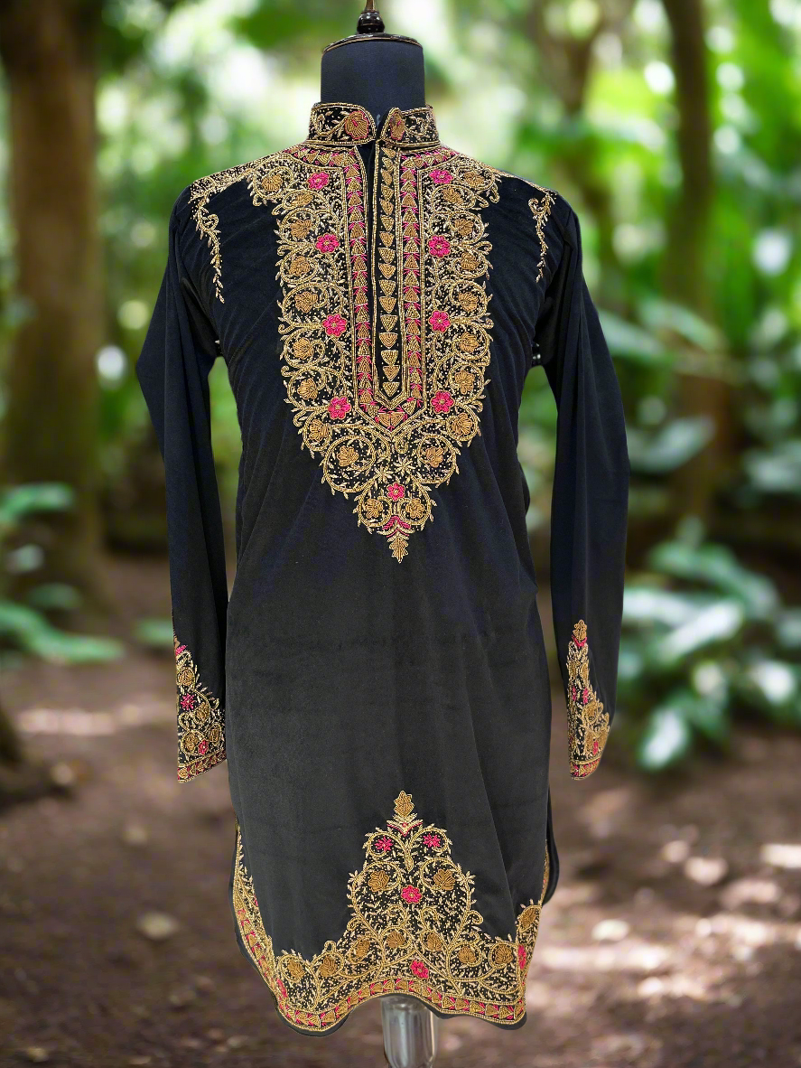 Men's Black Handcrafted Multi Colour Zardozi Work kurta set