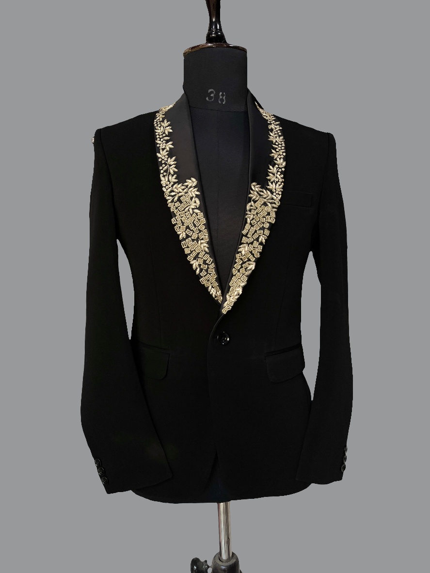 Men's Black Handcrafted Shawl Lapel Tuxedo Suit