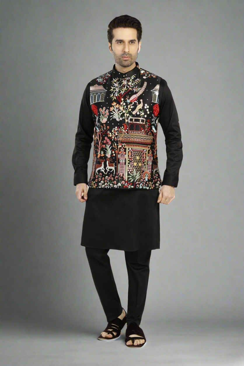 Men's Black and White Multi Colour Thread Embroidery Nehru Jacket Set