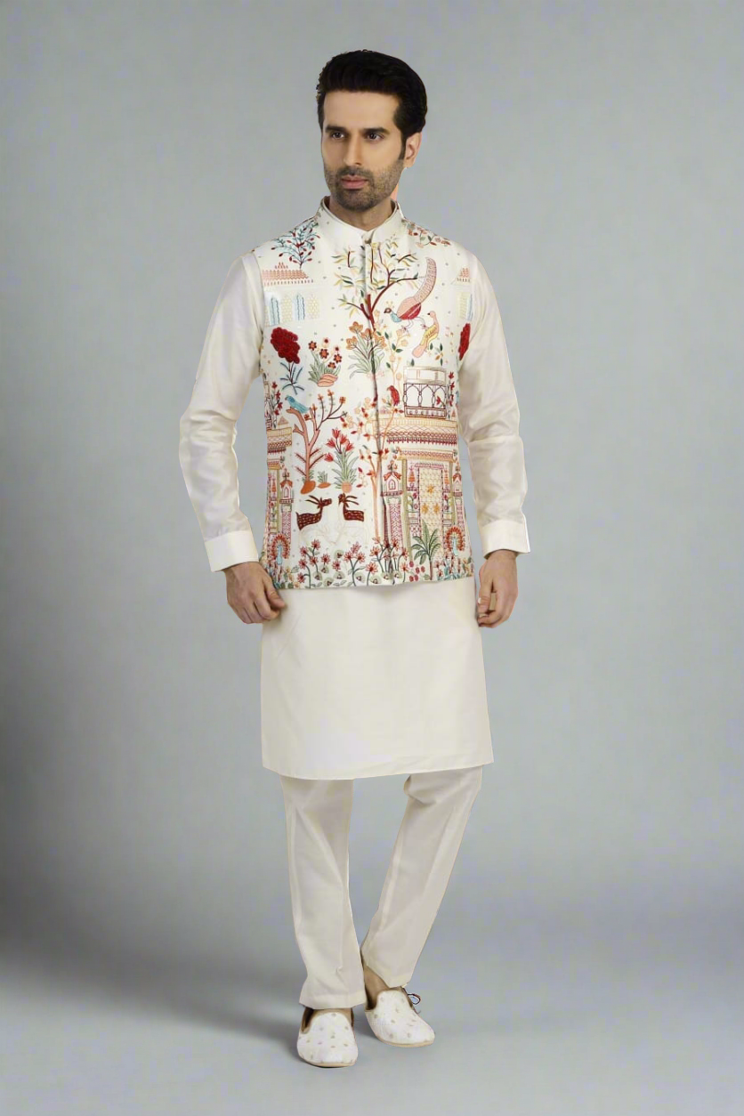 Men's Black and White Multi Colour Thread Embroidery Nehru Jacket Set