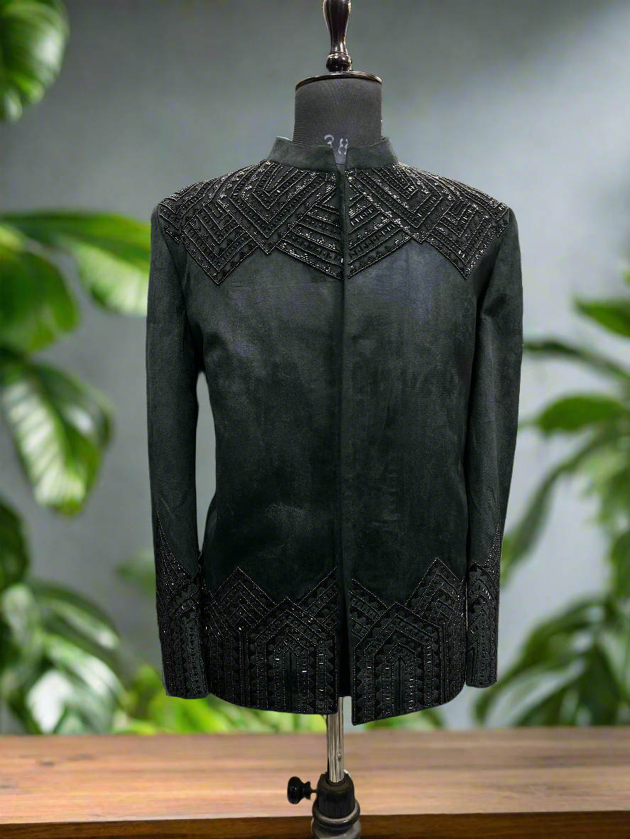 Men's Black Handcrafted cut Dana Work Bandhgala Suit