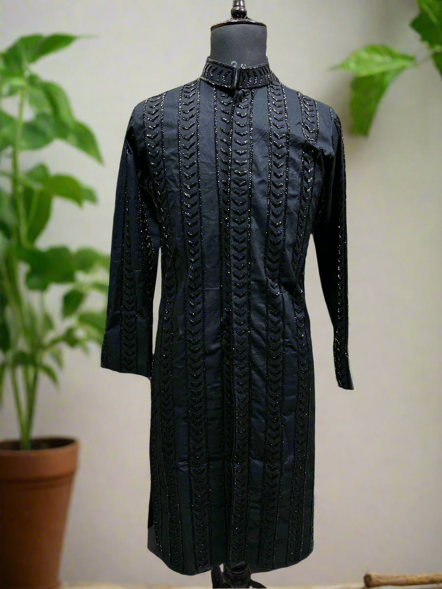 Men's Black  Handcrafted Cut Dana Work Sherwani Pattern Kurta Set