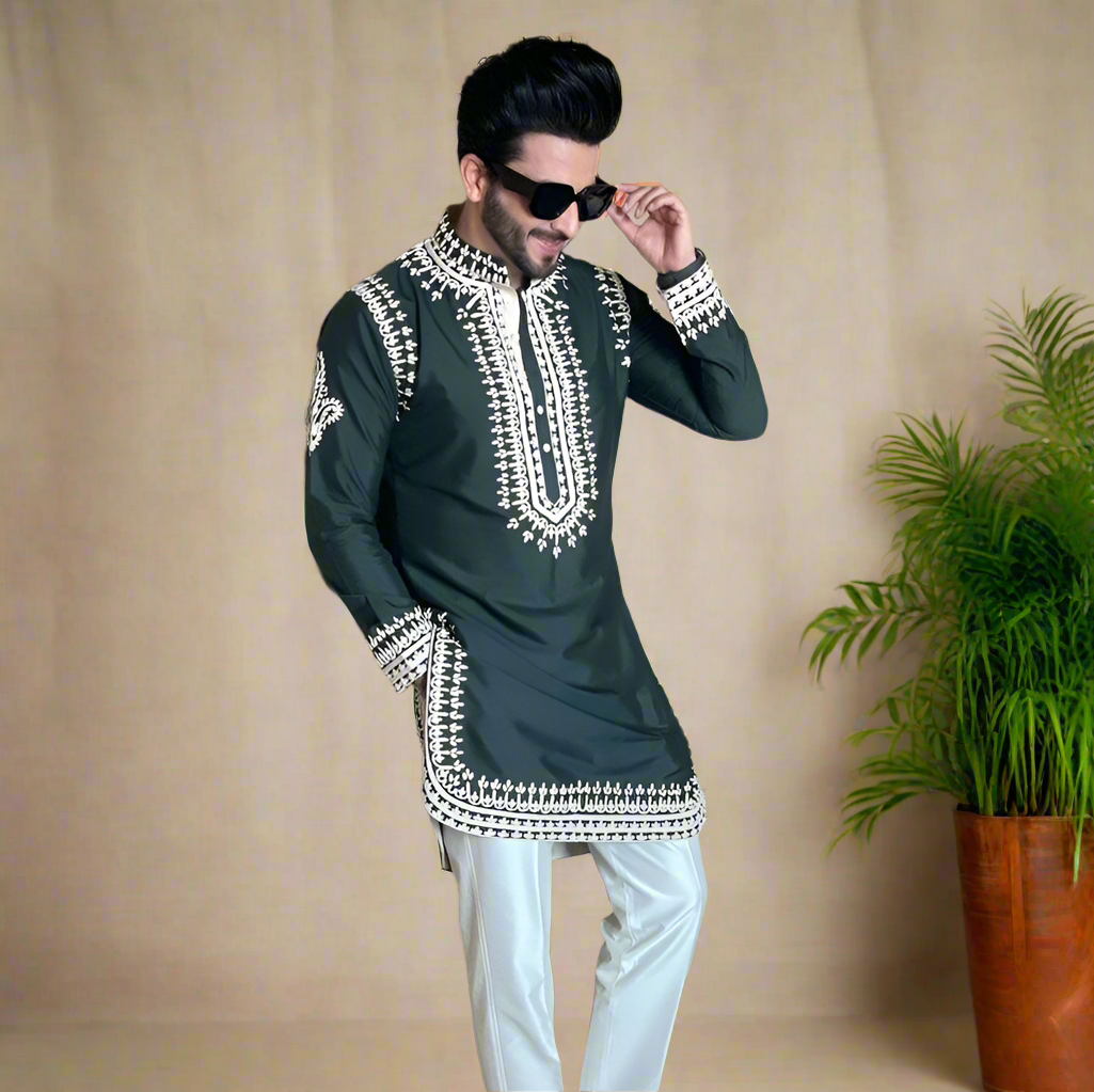 Vibrant green Mehndi ceremony designer kurta with embroidery.