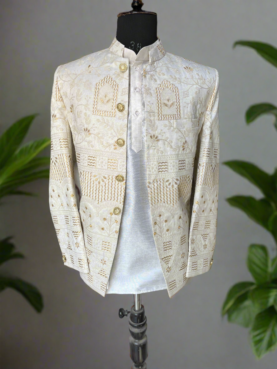 Men's Off White Silk Embroidery Jodhpuri Set