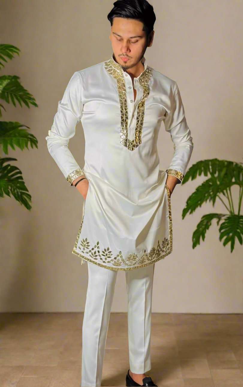 Men's Off White Leather Work Kurta Set