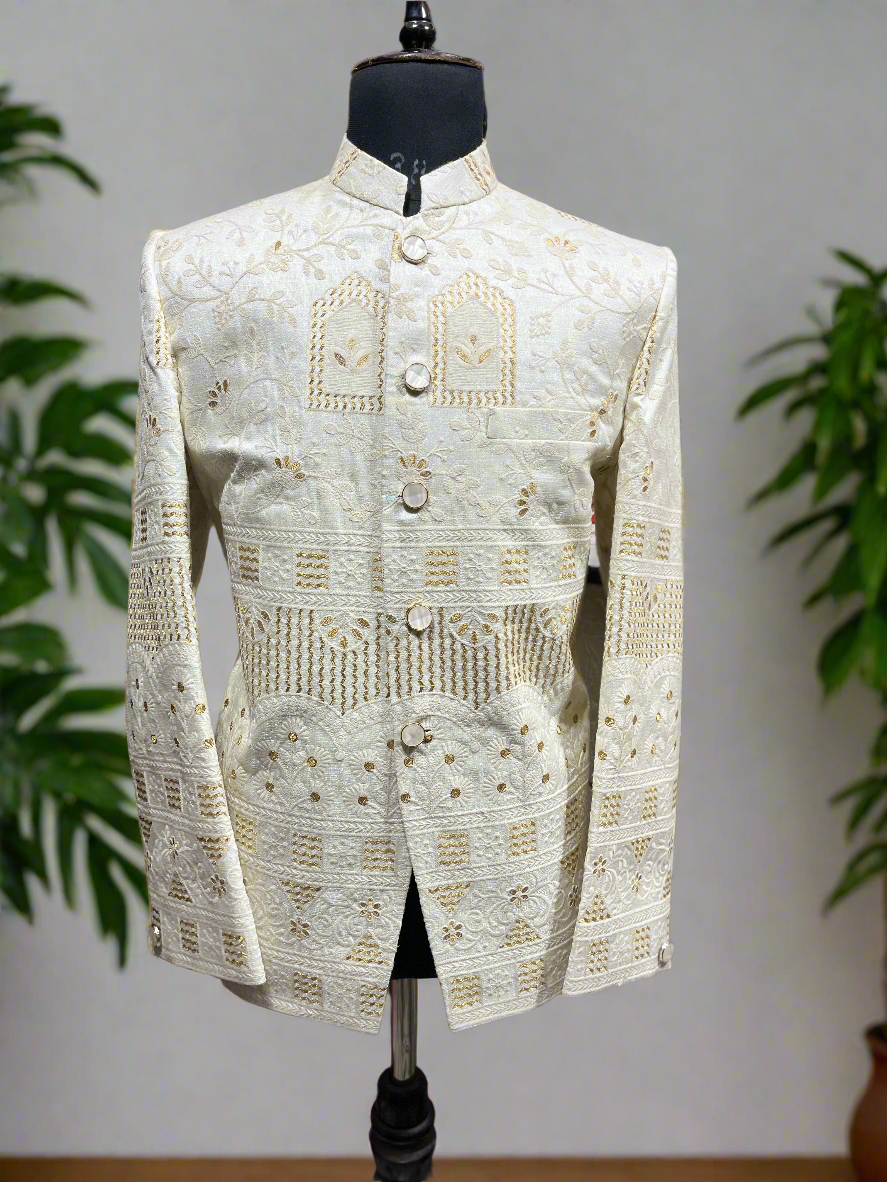 Men's Off White Self Embroidery Silk Jodhpuri Set