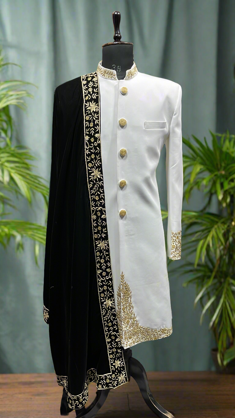 Men's Ivory Handcrafted Zardozi Work Groom Sherwani Set