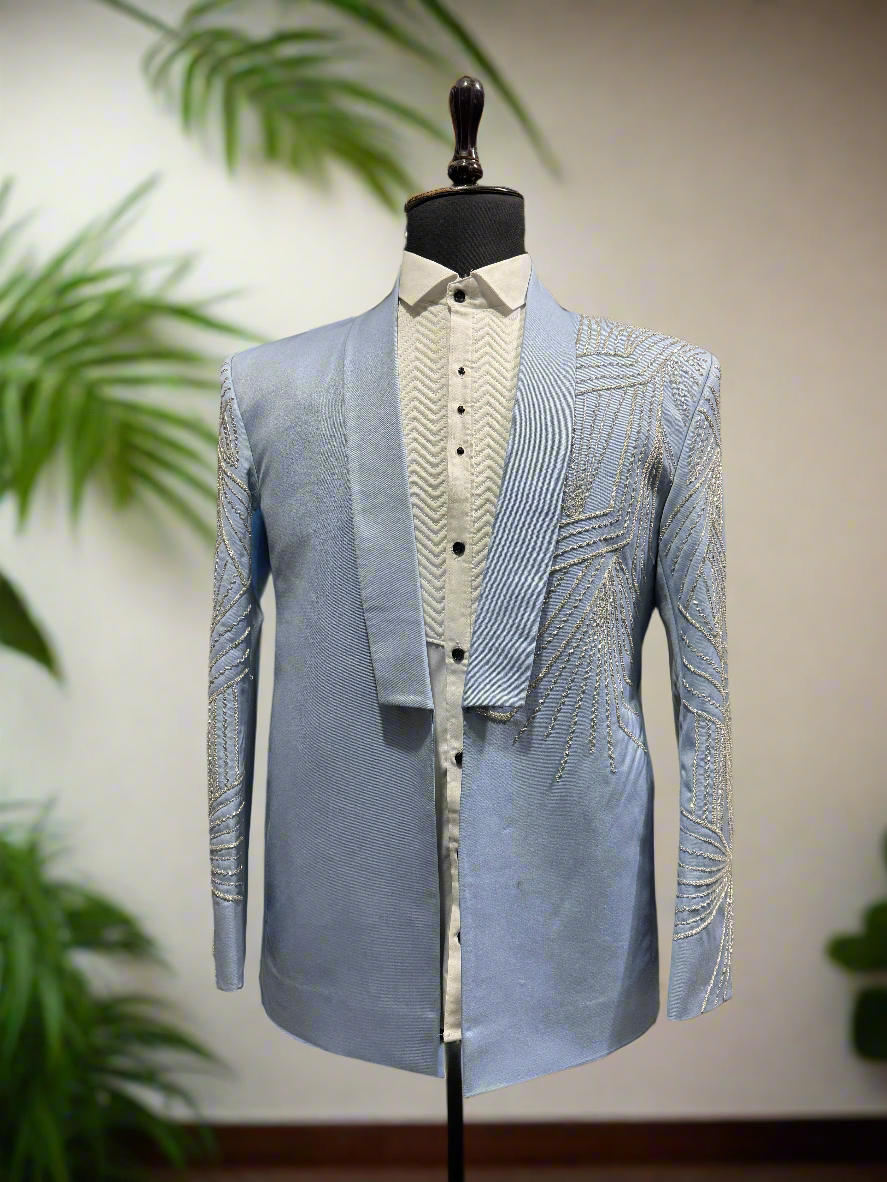 Groom Special Sky Blue White Crystal Handcrafted Tuxedo Suit By Kphoutfits