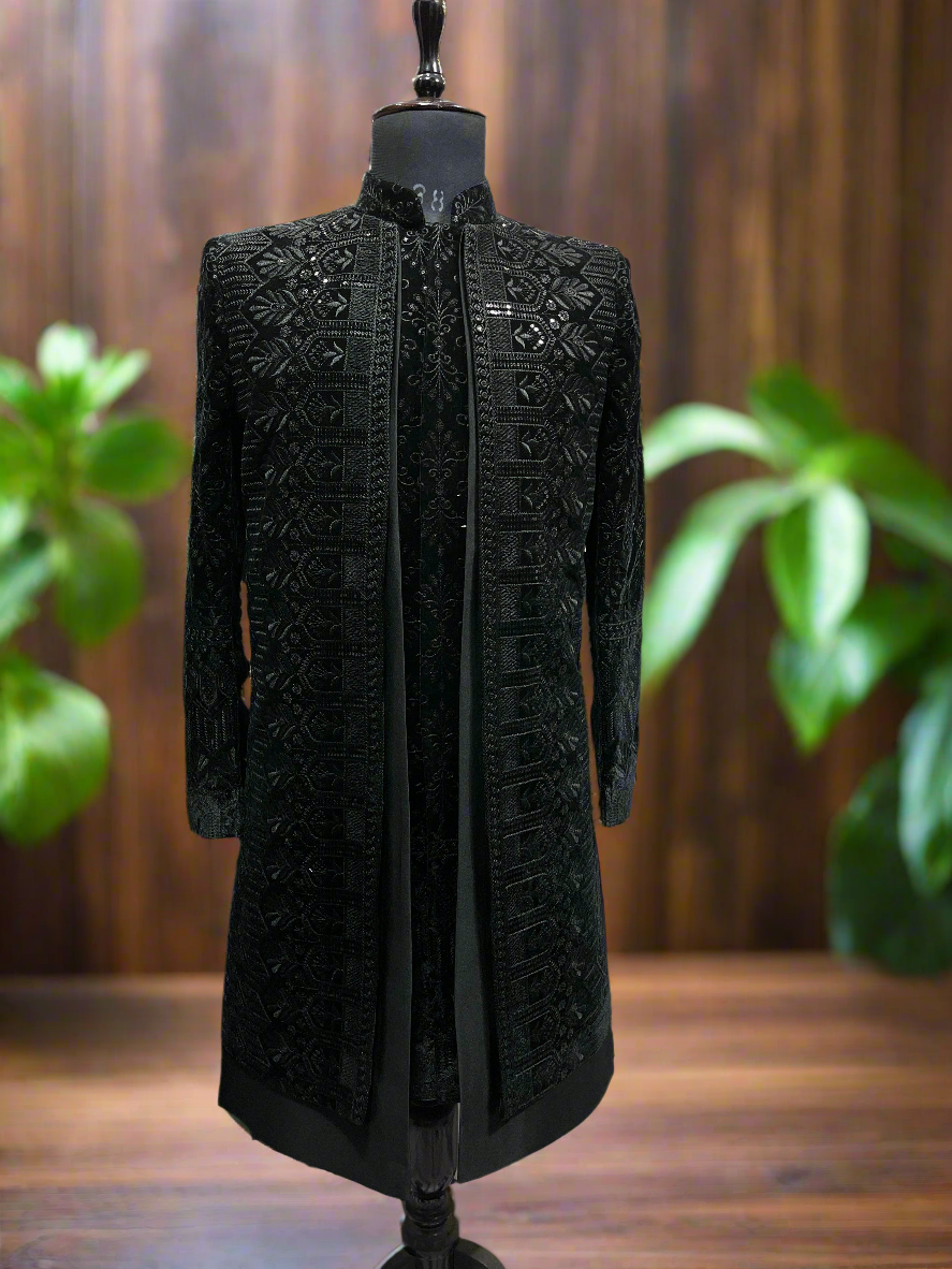 Men's Black Velvet Open Indo-western Set