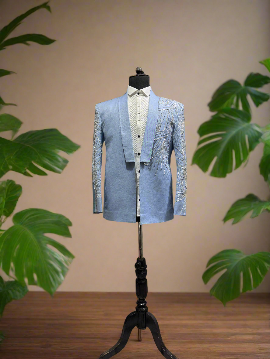 Groom Special Sky Blue White Crystal Handcrafted Tuxedo Suit By Kphoutfits