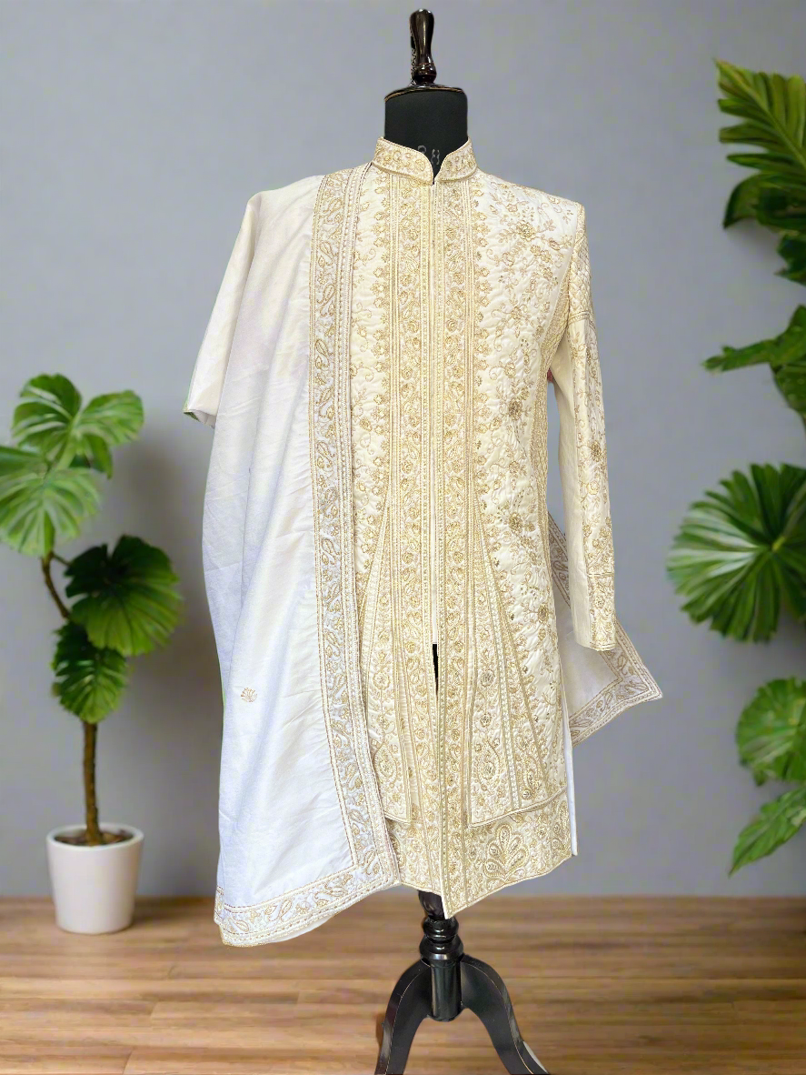 Men's Ivory Handcrafted Zardozi Work  Sherwani Set