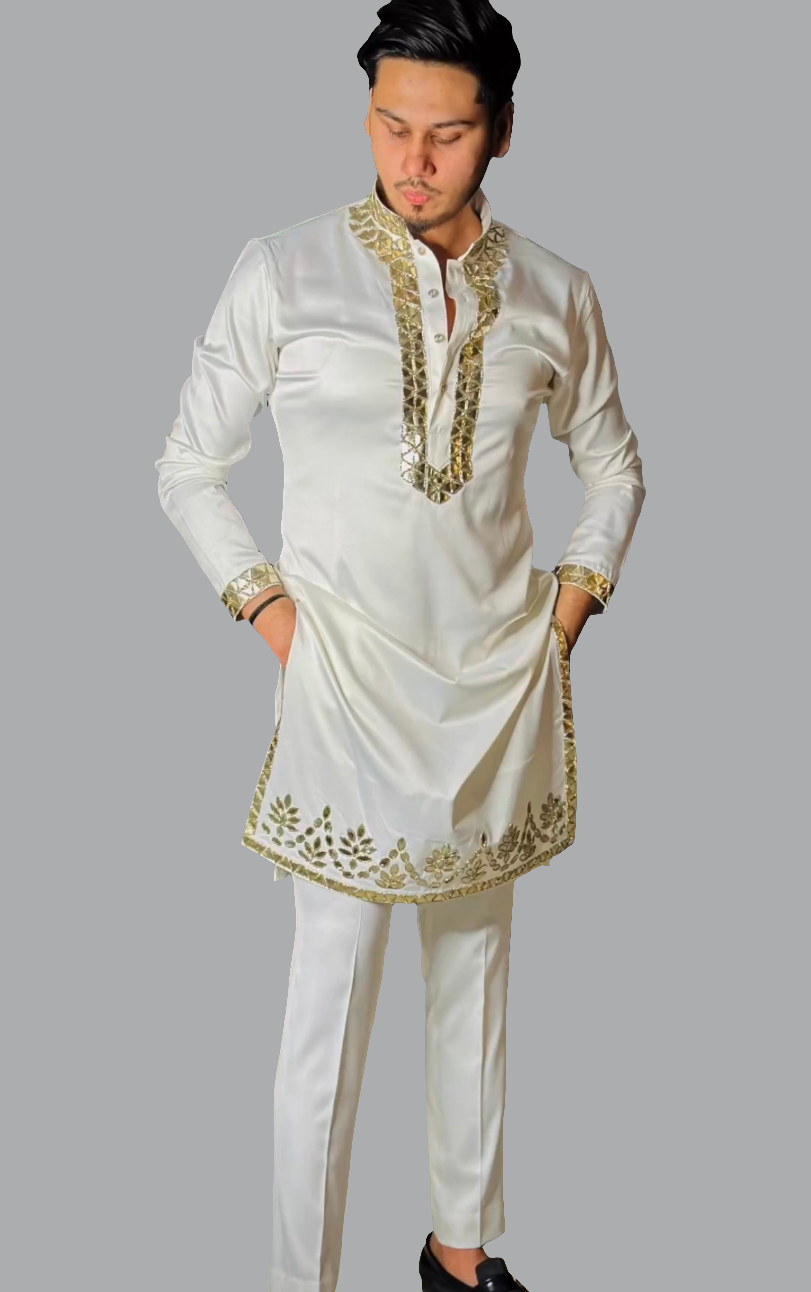 Men's Off White Leather Work Kurta Set