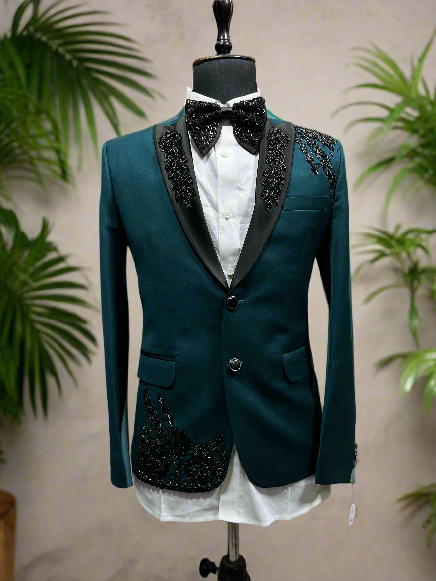 Men's  Handcrafted  Beads Work Peak Lapel Tuxedo Suit