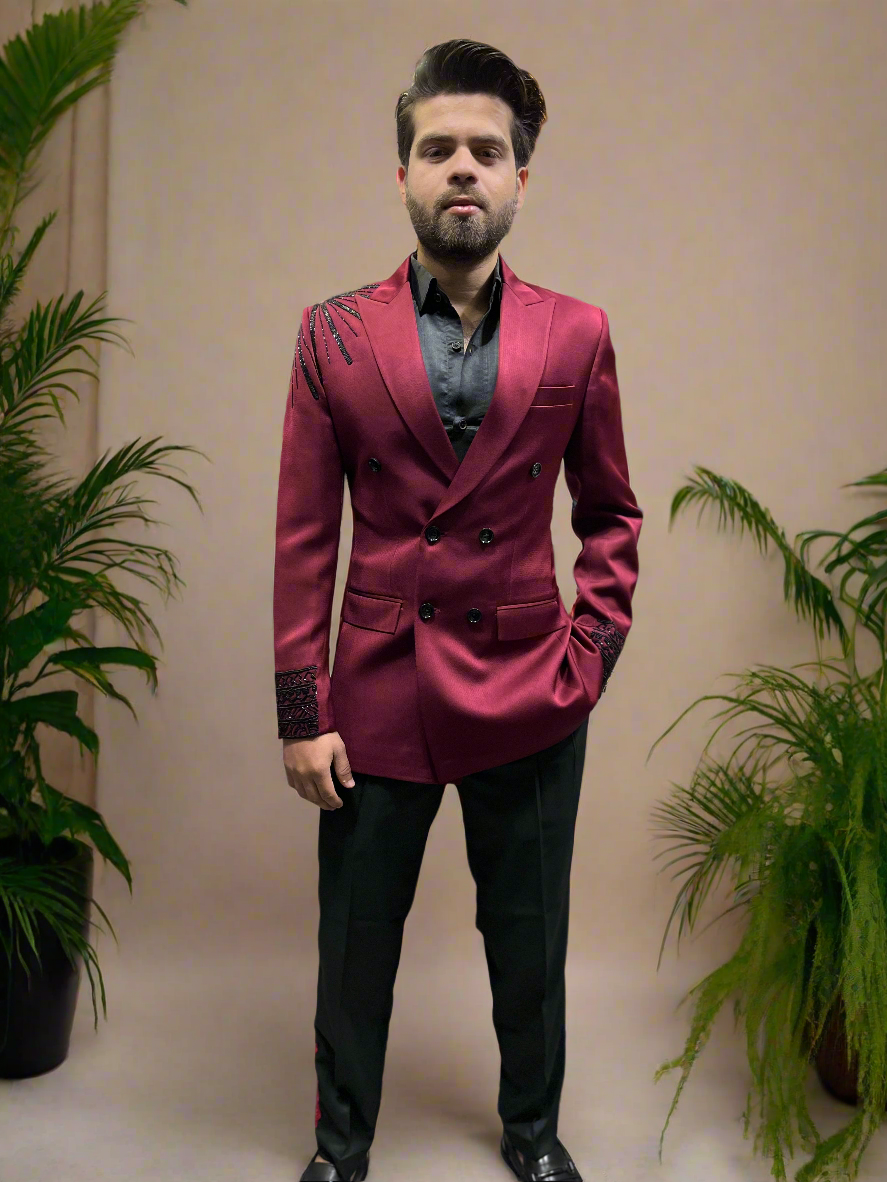 Men's Maroon Handcrafted Double Breast Tuxedo Suit